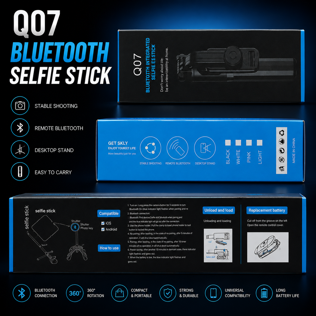 Q07 3-in-1 Bluetooth Selfie Stick Tripod - Portable Wireless Remote Phone Stand