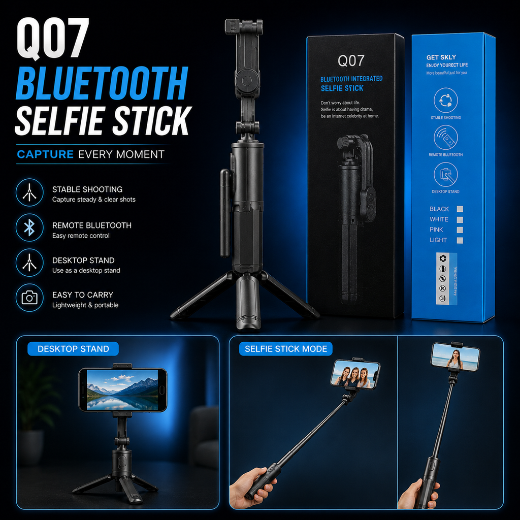 Q07 3-in-1 Bluetooth Selfie Stick Tripod - Portable Wireless Remote Phone Stand