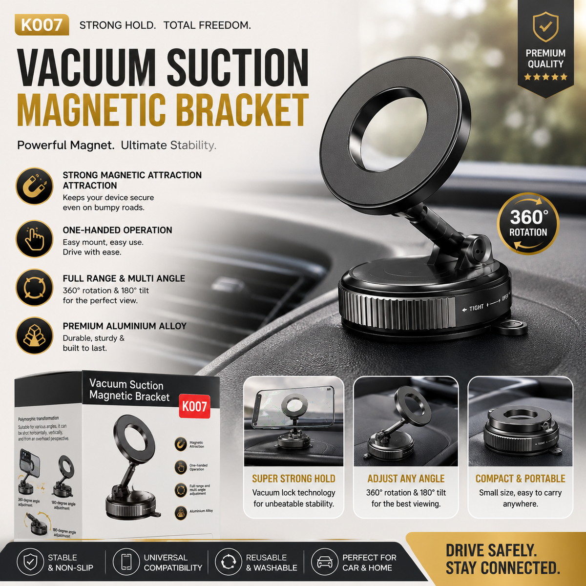 K007 Premium Vacuum Suction Magnetic Car Mount - 360° Rotating Universal Phone Bracket