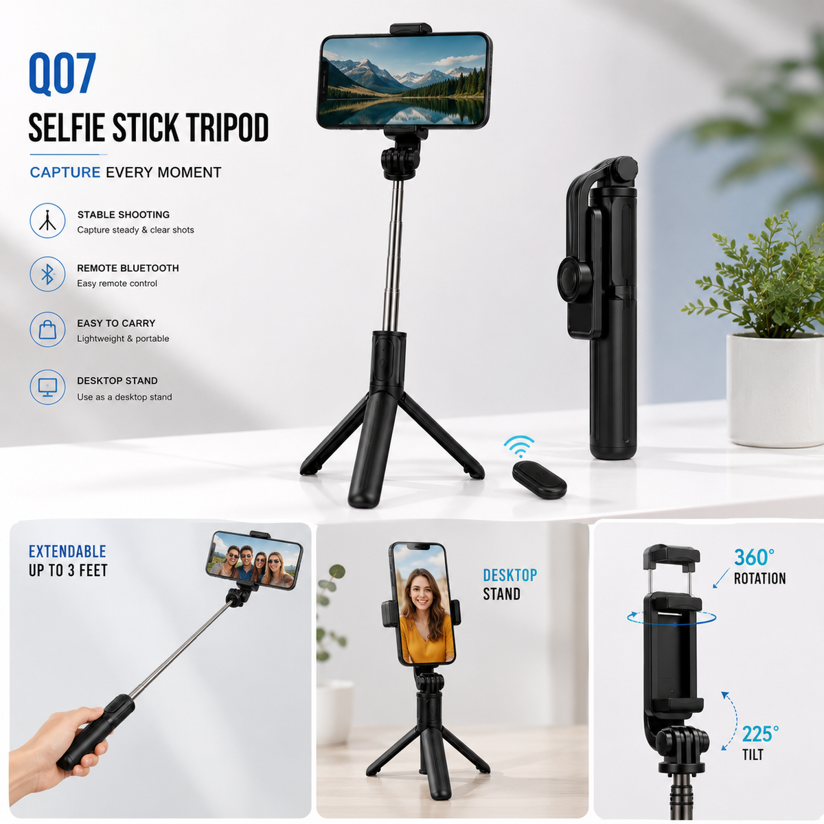 Q07 3-in-1 Bluetooth Selfie Stick Tripod - Portable Wireless Remote Phone Stand