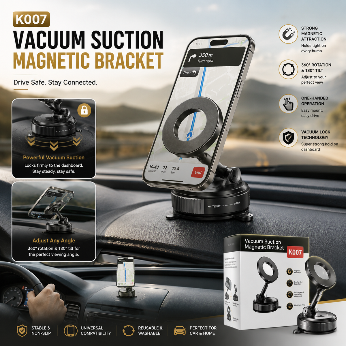 K007 Premium Vacuum Suction Magnetic Car Mount - 360° Rotating Universal Phone Bracket